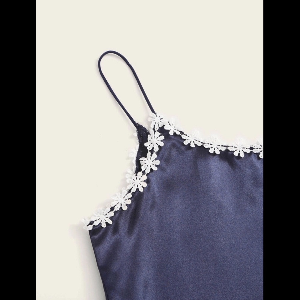 Navy Blue, Flower Trim, Satin, Pajama Set - Picture 4 of 6